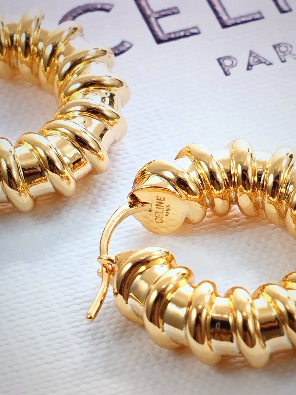 Celine Gold Ribbed Coil Hoop Earrings - Picture 3 of 6